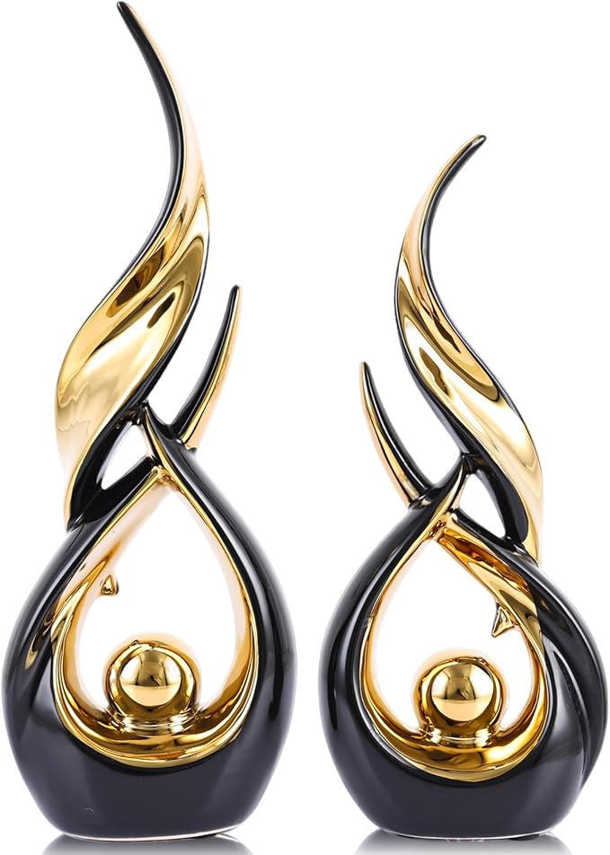 XMGZQ Gold Ceramic Abstract 2 Piece Statue Set,Mid Century Modern Abstract Art Home Decor Statue Mantelpiece on Unique Shelf Decor, TV Cabinet Divider Table top and Dining Table Centerpiece (Black)