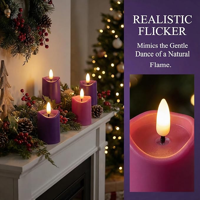 Simplelight Advent Candles, Purple & Pink Flameless Votive Candles with Timer, Advent Wreath with Flameless Candles, Realistic Black Wick, Set of 6-Battery Included (Purple Pink)