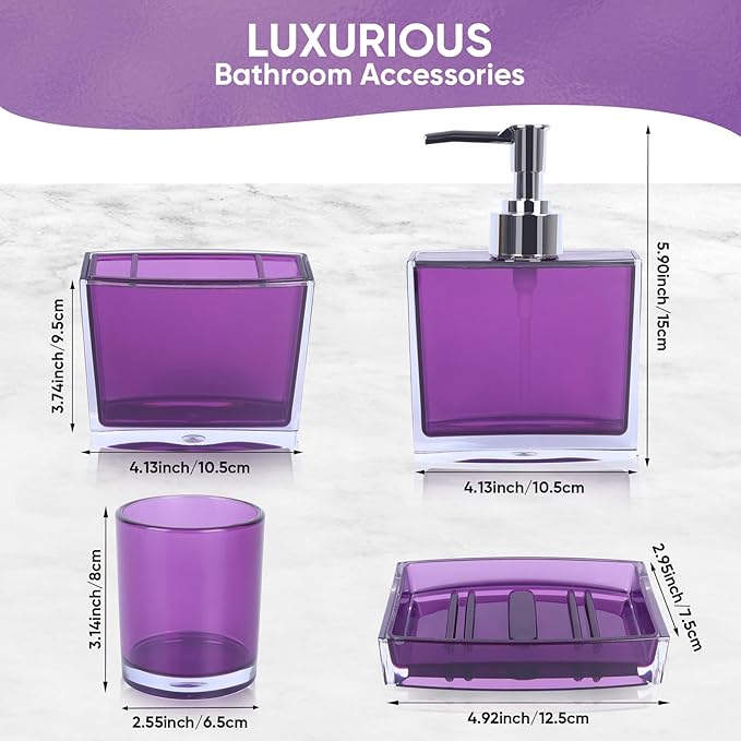 4-Piece Classic Purple Acrylic Bathroom Accessory Set — Soap Dispenser, Toothbrush Holder, Soap Dish & Mouthwash Cup, Vanity Countertop Organizer for Purple Bathroom Decor