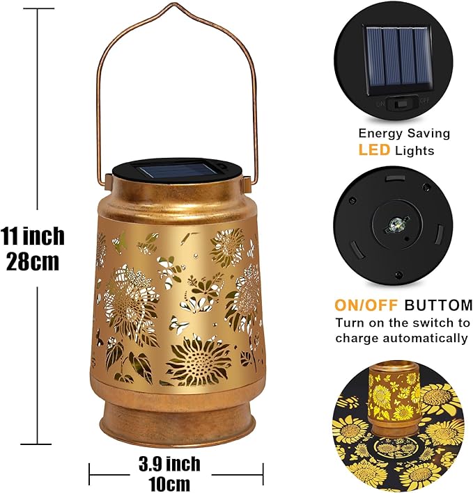 Solar Lanterns Outdoor Waterproof Hanging Solar Lights, Sunflower Garden Decor, Hanging Metal Garden Lights for Yard Patio Lawn Landscape, Birthday Gifts for Women Mom,Grandma Christmas Gifts