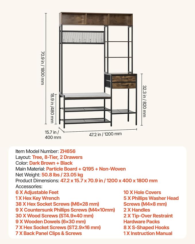 VEVOR Hall Tree with Bench and Shoe Storage, Entryway Bench with Coat Rack, 2 Drawers, 3 Storage Cubbies, 3 Open Shelves, Coat Hooks with Soft Cushion for Entryway, Hallway