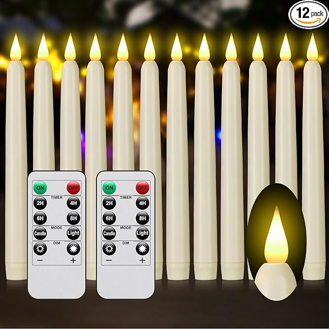 Flameless Taper Candles with Remote Control and Timer, Battery Operated LED Candlesticks with Flickering 3D Flame, 9.6×0.8 Inches Plastic Fake Candles for Christmas, Wedding and Home Decor (Ivory, 12)