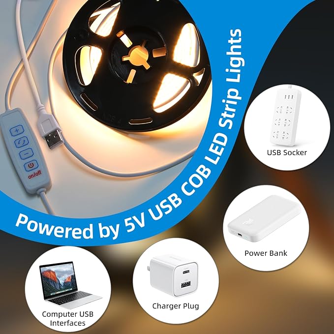 5V USB LED Strip Light 3.28ft Under Cabinet Tape Lights 1m Dimmable COB LED Lights 640LEDs 6000K White Cuttable LED Light Strip for Bedroom Sewing Machine DIY Lighting TV Backlight