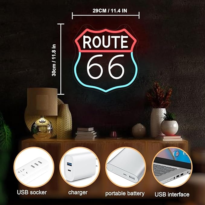 ROUTE 66 LED Neon Sign for Wall Decor USB Adjustable Brightness Living Room Bars Barbers Pub Wedding Party Salon Club Gatherings Gaming Room Man Cave Halloween Christmas Birthday Art Wall Decor