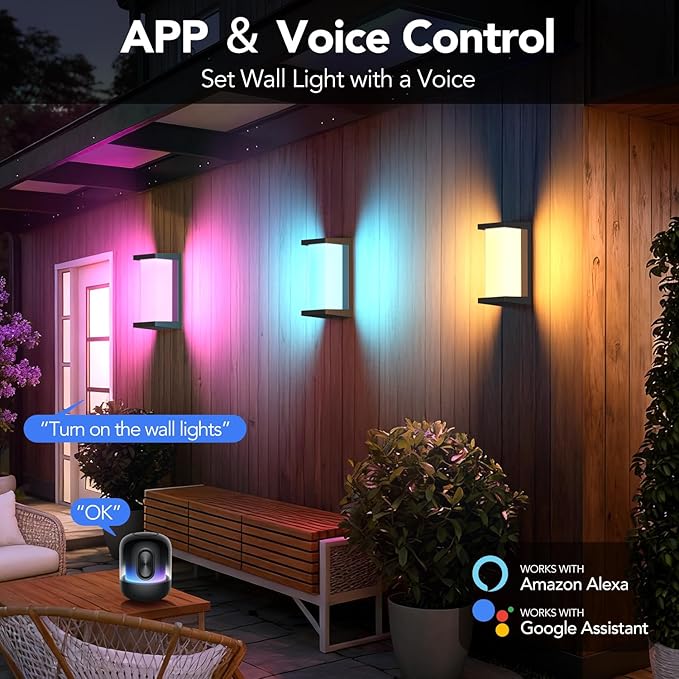 RGB Smart Outdoor Wall Lights,RGBCW Modern Outdoor Waterproof for Front Porch Light,WiFi APP Control Exterior Lighting Fixtures,LED Wall Mount Outside Lights for House,Garage,Backyard(2 Pack)