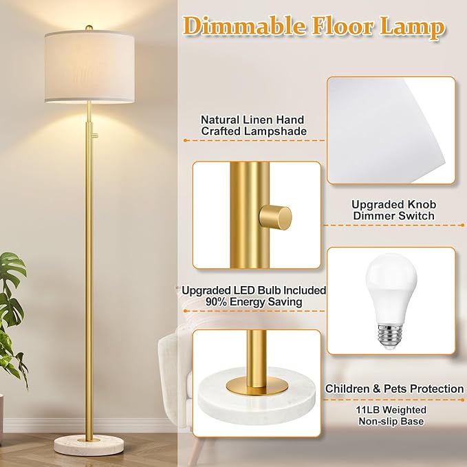 【Upgraded】Dimmable Gold Floor Lamps for Living Room, 11W LED Bulb Included, Modern Standing Lamp with Marble Base, Tall Pole Light with White Linen Shade for Bedroom Reading Office Corner Nursery