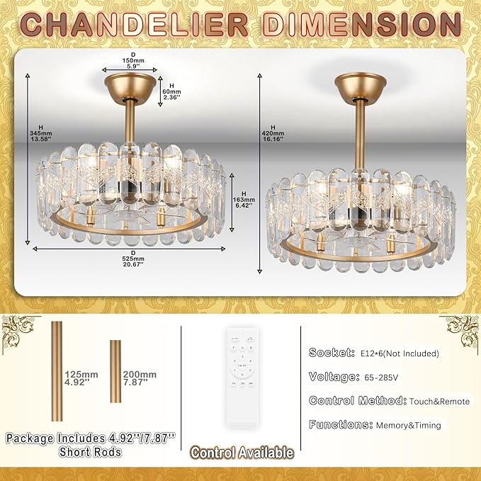 Finktonglan 20 Inch Gold Caged Ceiling Fan with Light, Crystal Chandelier Ceiling Fan with Lights Remote Control, Modern Crystal Fandelier 6 Speeds for Dining Room, Living Room