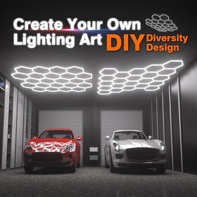 Hexagon Garage Lights : 3 Level Dimmable 581W Tube 22 Grids Hexagon LED Lights - Easy Install 6500K Super Bright Hex Light for Warehouse, Car Detailing Shop, Exhibition Hall, Gym