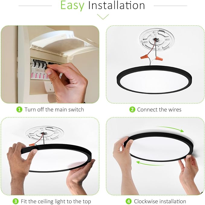 1 Pack LED Flush Mount Ceiling Light, 24W Ultra Thin Round White Lamp 3000K/4000K/6500K 3 Color Temperatures Adjusted 12 Inch Modern Ceiling Lights, Black, Wired