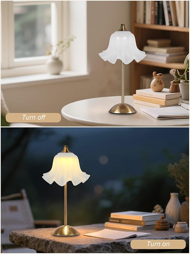 Cordless Table Lamp,Small Desk Lamp with 3 Color,Dimmable LED Reading Light,Touch Lamps for Nightstand,Vintage Flower Lamp for Bedroom Living Room Office Decor