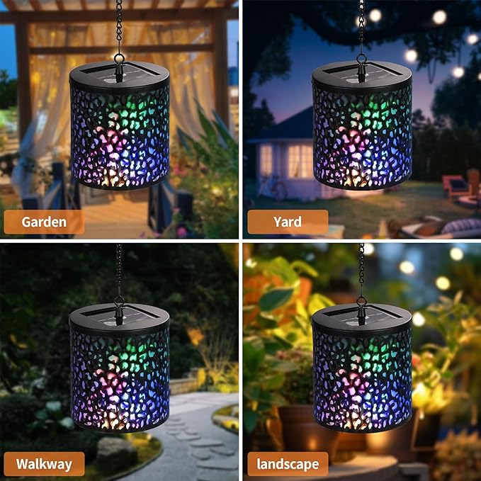 Hanging Solar Lights Outdoor Waterproof: RGB Hanging Lights with S Hooks Decor Iron Art Outdoor Solar Lantern in Garden, Pathway,Yard, Front Door and Landscape (2)