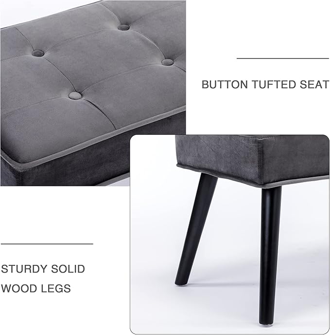 LOULENS Button Tufted Ottoman Bench, Fashionable Upholstered End of Bed Bench, Comfortable Velvet Entryway Bench for Living Room, Dark Gery