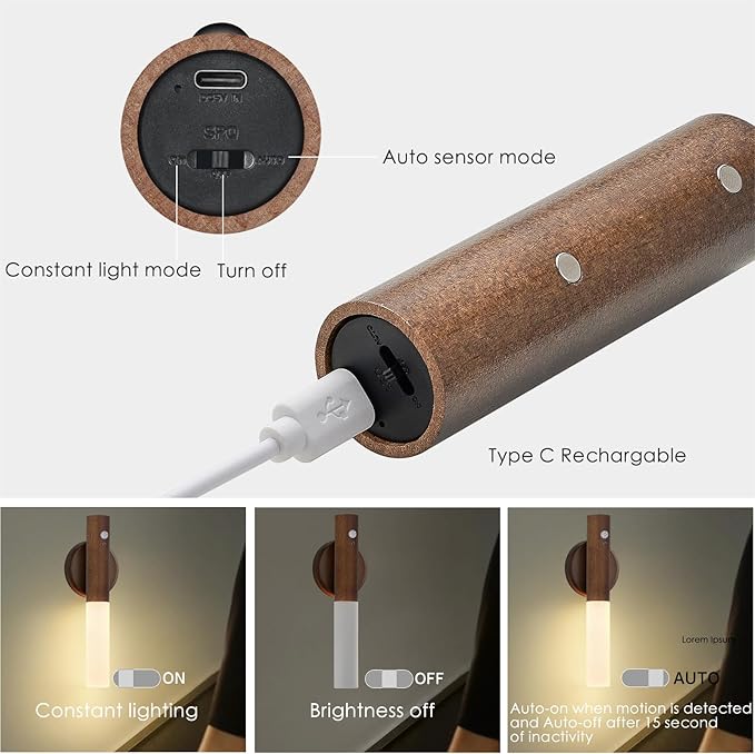 Montford Battery Operated Wall Sconces, Wooden Motion Sensor Night Light Rechargeable Wall Sconce, LED Magnetic Battery Powered Wall Sconce