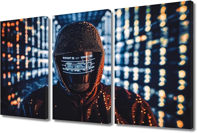 TUMOVO Modern Wall Art Multi Panel Hacker in Mask on Dark Background with Digital Effects Posters Artwork for Living Room Bedroom Wall Decoration, Stretched Framed Ready to Hang, 36" Wx24 H