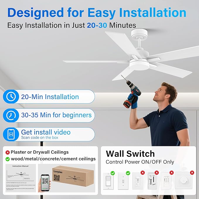 52” Smart Ceiling Fan with Lights Remote,Voice Control via Alexa Google WIFI App,Ultra Quiet DC Motor,Outdoor Indoor Modern Ceiling Fans,6-Speed for Bedroom Patio Porch,White and Wood Color