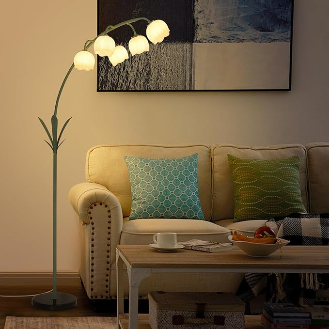 HMVPL Arc Floor Lamp for Living Room, Flower Floor Lamp with 5 G9 LED Bulbs, Foot Switch, Green Floral Standing Lamp with Acrylic Shade, Curved Tall Lamp for Living Room Bedroom Corner Kids Reading