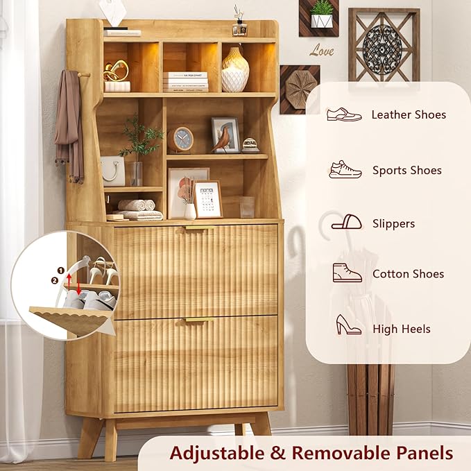TVU Hall Tree with 2 Height-Adjustable Flip-Top Shoe Cabinets, Rustic Style Entryway Coat Rack with LED Lights, Tall Entryway Coat Rack with 4 Coat Hooks & 7 Height-Adjustable Storage Compartments