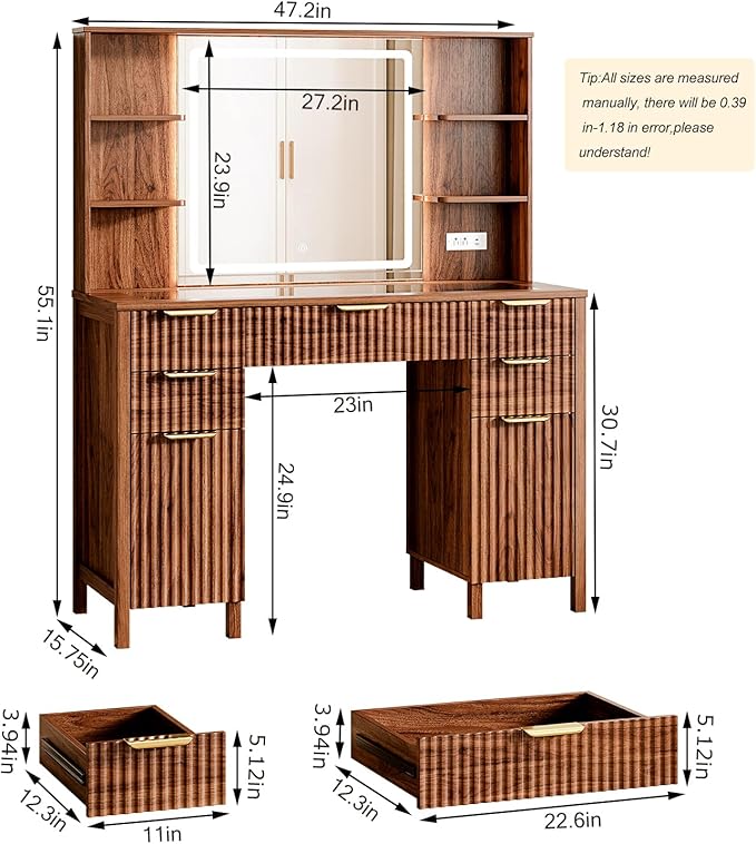 Vanity Desk with Large 27.2" Mirror and Lights 47.2" Fluted Makeup, 5 Drawer Vanity with Power Strip, 4 Open Shelves, 2 Cabinet, Modern Bedroom Vanity Featuring Visual Transparent Glass. Brown
