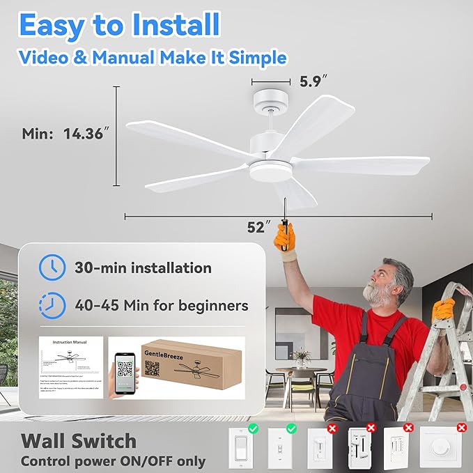 52 Inch Smart Ceiling Fans with Lights and remote,Eco-friendly wood ceiling fan Voice Control via WIFI Alexa App,Quiet DC Motor,Dimmable LED,Modern Ceiling Fan for Bedroom,Living Room,5 blade Fan
