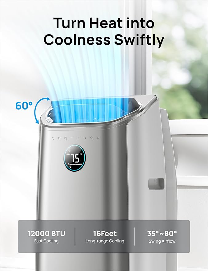 DREO Portable Air Conditioners, 12,000 BTU AC Unit for Bedroom with Drainage-free Cooling, 46dB Quiet, APP/Voice/Remote, 24h Timer with Fan & Dehumidifier, Smart Standing AC for Room Indoors, AC515S