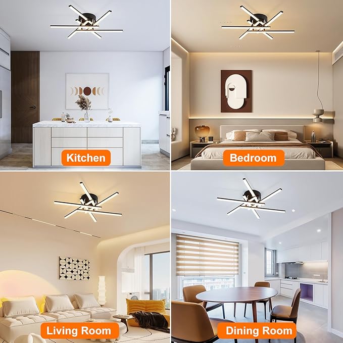 Modern LED Ceiling Lights - Dimmable with Remote, 24in Black Flush Mount Fixture for Living Room, Bedroom, Kitchen, Dining Room