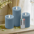 Blue Flameless Candles with Remote and Timer, Real Wax Made LED Pillar Candles Battery Operated with 3D Flickering Flame Melted Edge, 3" x 4",5",6", Set of 3 (Pastel Blue)