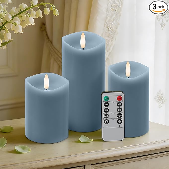 Blue Flameless Candles with Remote and Timer, Real Wax Made LED Pillar Candles Battery Operated with 3D Flickering Flame Melted Edge, 3" x 4",5",6", Set of 3 (Pastel Blue)