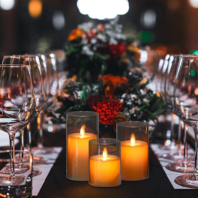 DRomance Black Glass Flameless Candles with Remote Timer Moving Wick Battery Operated LED Flickering Pillar Candles Plastic Dinner Wedding Christmas Holiday Decor D3 x H4, 5", 6"