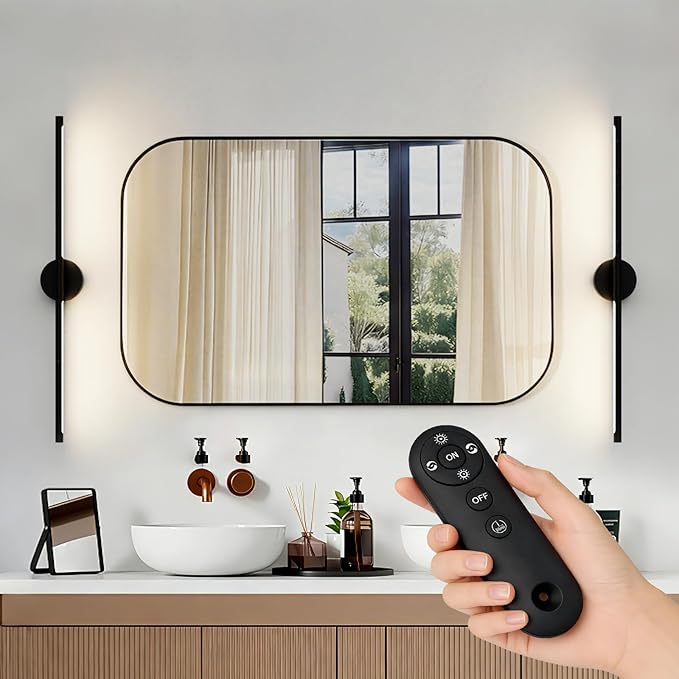 31inch Plug in Bathroom Vanity Light, 6000K Black Wireless Vanity Lights with Remote Control, Black Bar Mirror Light for Bathroom Mirror Cabinets Bedroom
