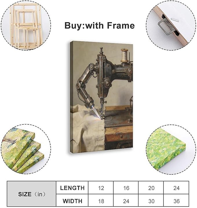 Framed Steampunk Mechanical Sewing Machine Wall Art - Retro Industrial Workshop Poster for Home Office Studio Decor 12x18inch(30x45cm)