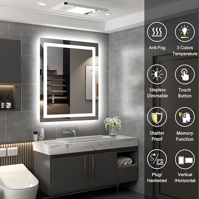 LED Mirror for Bathroom 30x36 Lighted Bathroom Vanity Mirrors with Lights, Brighter Frontlit and Backlit Anti-Fog Mirror, Tempered Glass, Dimmable 3 Colors Light Modes, Memory Function