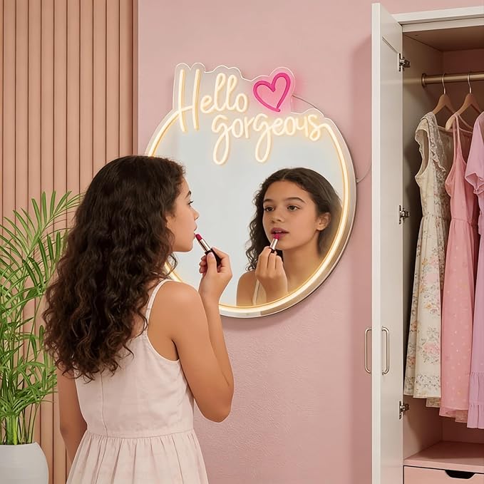 Hello Kit Mirror with Light Neon Signs for Room Decor, USB Powered Cute Cat LED Lights, Teen Girl Best Gift, Makeup Mirror Neon Sign Wall Decor (Yellow)