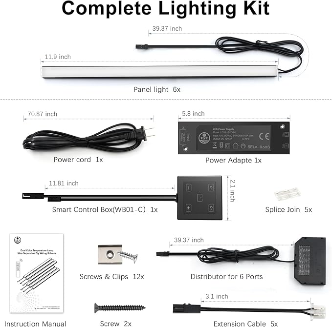 VST Under Cabinet Lighting 6 Pack, Touch Control LED Cabinet Light Bars, Dimmable & Adjustable Color Temperature 2700K-6500K, Ultra Thin Linkable Under Counter Lights for Kitchen, Closet & Display