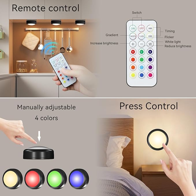 LED Puck Lights with Remote, 13-Color Under Cabinet Lighting Wireless, Battery Operated Stick-On Lights, Dimmable Push Light for Closet/Shelf/Wall (Black-3 Pack)