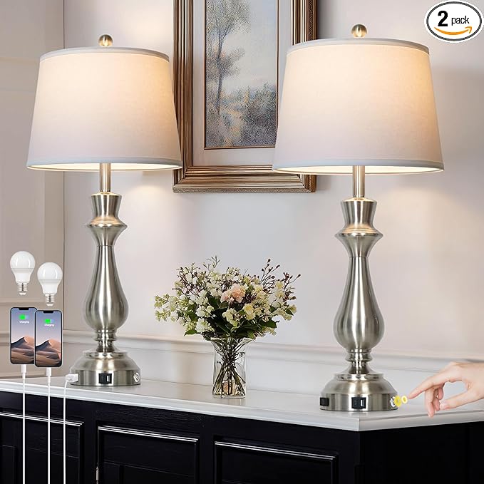 Silver Touch Lamps for Night Stands Set of 2-29.5" Tall Bedside Lamp with USB C+A, 3 Way Dimmable Bedroom Lamps, Brushed Nickel Table Lamps for Living Room