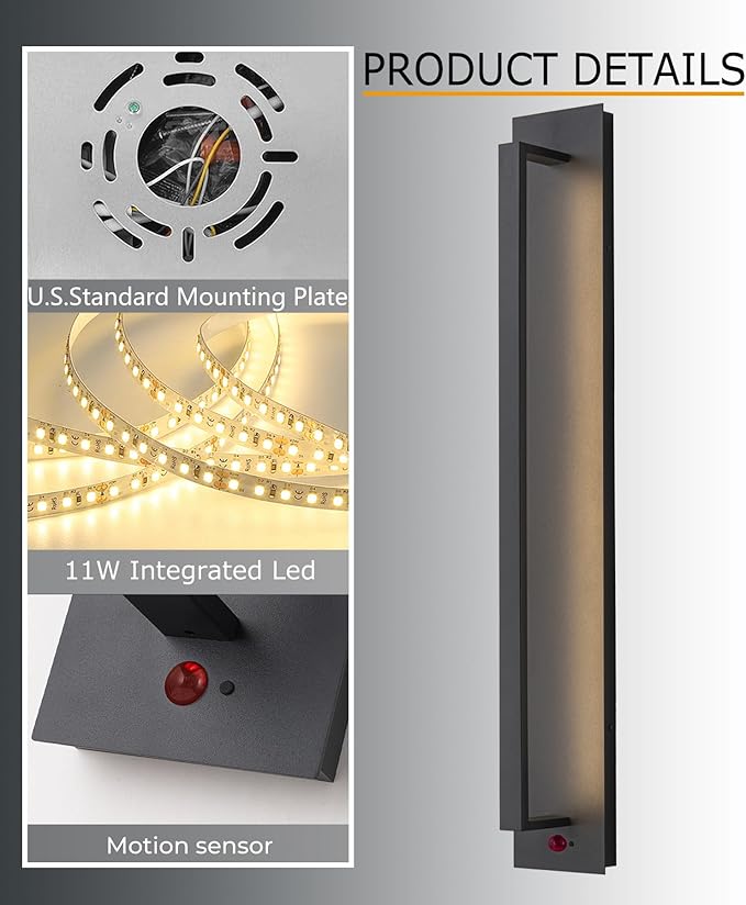 31.5 inch Motion Sensor Long Outdoor Wall Sconce, Black Linear Led Exterior Wall Lights, Front Porch Light Fixture Wall Mount for House, Yard