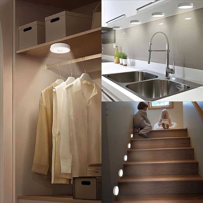 Under Cabinet Light Motion Sensor - Rechargable Closet Puck Lights, Stick on Night Lighting Magnet, Under Counter Lights Kitchen, LED Montion Sensor Light, Wireless Locker Nightlights 3-Pack