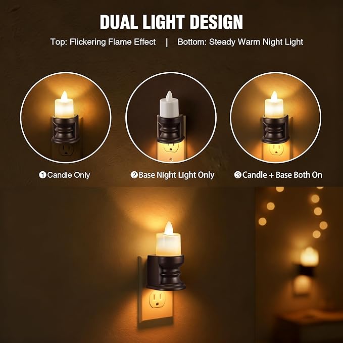 Meonum Flickering Flameless Candle Night Light Plug in, Dimmable LED Nightlight with Dusk to Dawn Sensor, Decorative Candle Light for Bedroom, Hallway, Bathroom(2 Pcs,Warm Yellow & Brown Base)
