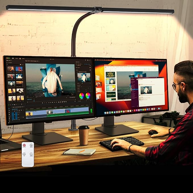 LED Desk Lamp for Office Dorm Home - Eye Caring Desk Light with Timer, Remote Control 24W Brightest Dual Screen Computer Monitor Gooseneck Dimmable Table lamp with Anti-Glare Cover Clamp