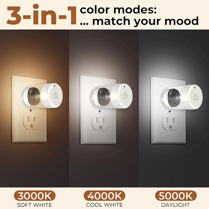 2 Pack LED Night Light Plug into Wall 3000K/4000k/5000K Adjustable Color Temperature Night Light,Touch Control Nightlight Dimmable,Built in Dusk to Dawn Sensor for Bathroom Hallway Kitchen