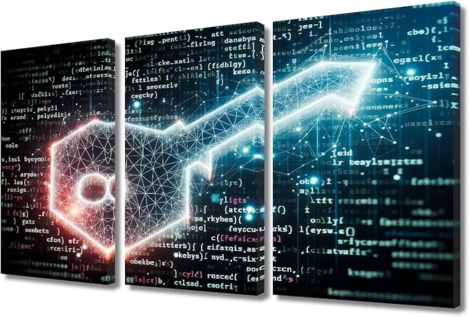 TUMOVO 3 Panels Modern Wall Art Abstract Glowing Key on Digital Background Pictures Print on Canvas for Bedroom Living Room Wall Decoration, Security Concept Artwork Ready to Hang, 36" Wx24 H
