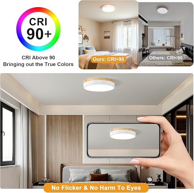 Modern Dimmable Wood Ceiling Light, White Round LED Flush Mount Ceiling Lighting Fixtures, Minimalist Ceiling Lamp for Kitchen Bedroom Laundry Room Living Room Entryway Hallway&11.81 in