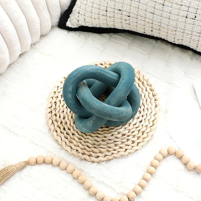 3 Link Wood Knot Decor Rustic Home Décor Accents Hand Carved Coffee Table Decoration, Boho Chain Link Decoration, Modern Shelf, Rustic Objects for Home Living Room Bedroom(Blue)