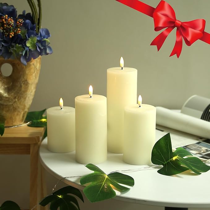 Flameless Candles, 4 Pack Battery Operated Candles with Remote, Real Wax LED Fake Candles with Timer Flickering for Christmas Wedding Home Party D3 H 5" 6" 7" 9" Ivory