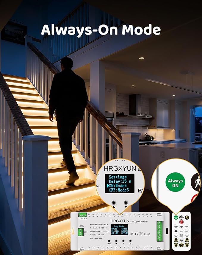 12-Step LED Stair Lights, 12V 6W 3000K Warm White Stair Lighting with Radar Motion & Daylight Sensors, Remote Control, Cuttable Every 1 Inch, Plug-and-Play Design,UL Listed