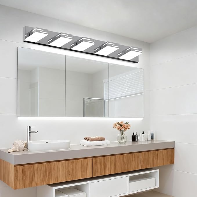 LED Modern Bathroom Vanity Light Fixtures, 5-Light 34-inch Dimmable Chrome Vanity Lights for Bathroom Lighting Fixtures Over Mirror, with 350° Rotatable Heads (Cool White 6000K)