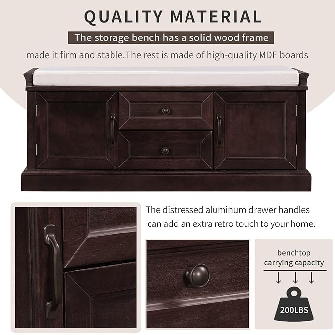 GDFStudio Rustic Storage Bench with 4 Doors 2 Draws Adjustable Shelves Removable Cushion Rectangular Cabinet Foot Rest Stool Solid Wood Shoe Bench Seating for Entryway Living Room, Espresso
