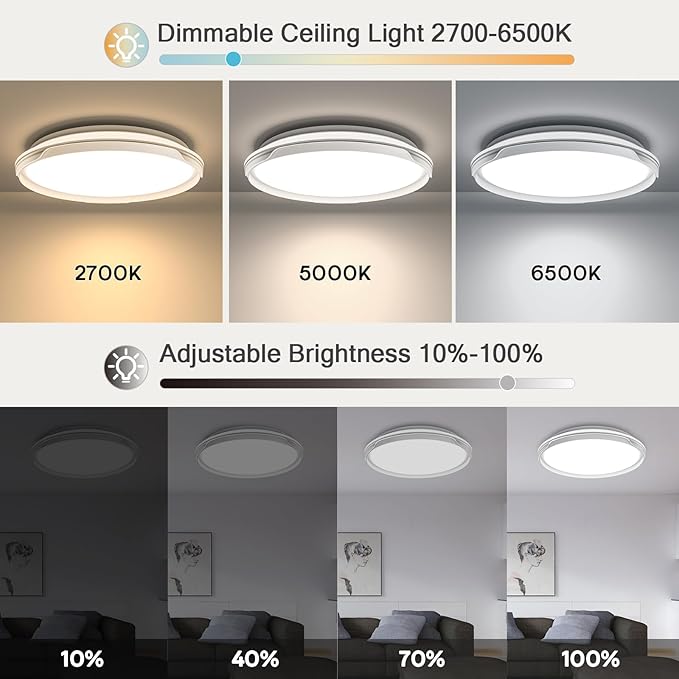 OOWOLF Flush Mount LED Ceiling Light Fixture, 2700K-6500K Super Bright 40W 4000LM 15.75 Inch Dimmable Warm/White Light Kitchen Light Modern Ceiling Lamp for Bedroom Bathroom, Chandeliers with Remote