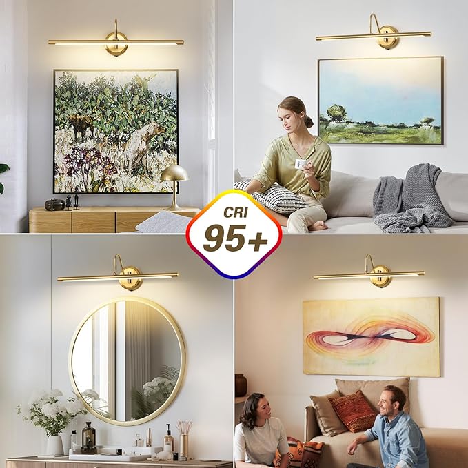 JOOSENLUX Battery Operated Picture Lights Modern Wireless Wall Lights 24.4" Inch Dimmable Under Counter Lights for Kitchen with Swing Arm as Canvas Wall Sconce Light Brass 3000K CRI95+