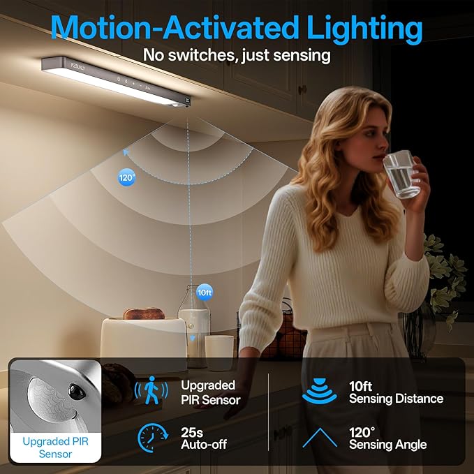 14.2inch Under Cabinet Lighting Wireless,Rechargeable Motion Sensor Light Indoor,3 Colors Dimmable,Magnetic Closet Lights with Remote,Under Counter Lights for Kitchen,Dark Gray 2Pack